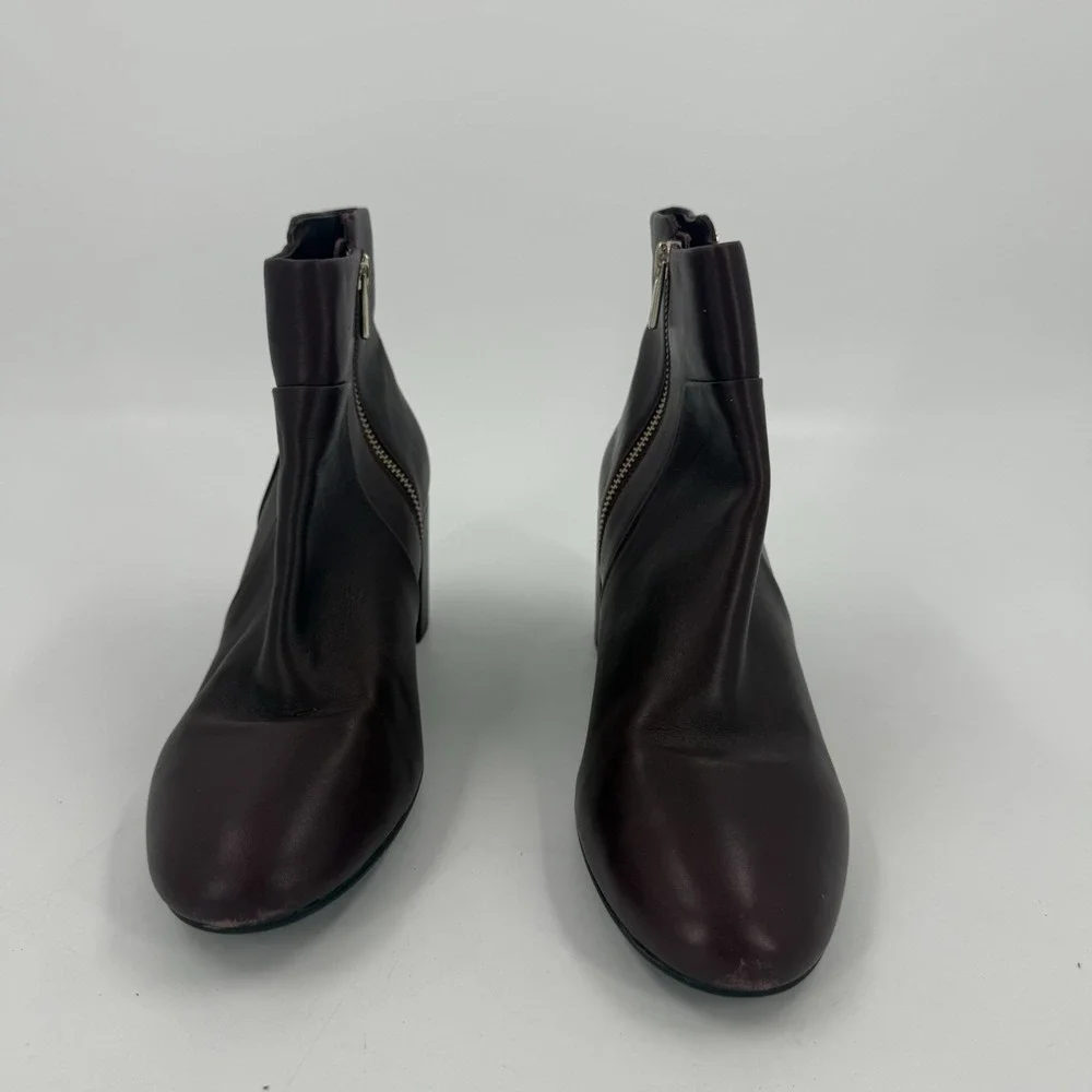Taryn Rose Camille Leather Ankle Booties Burgundy Block Heel Side Zip Womens 9.5